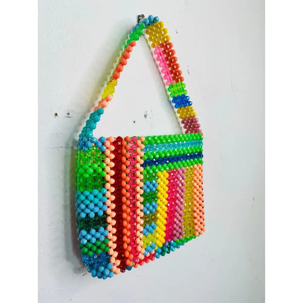 SUSAN ALEXANDRA Rainbow Colorful Beaded Beautiful Geometric Top Handle Bag